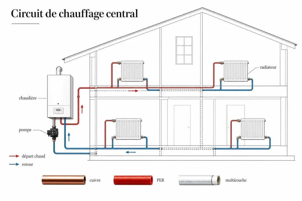 Tuyau chauffage central : schéma simplifié du circuit avec chaudière, radiateurs et différents matériaux