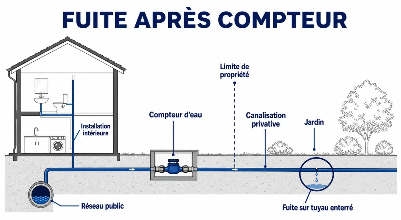 Schéma de fuite d eau apres compteur montrant le compteur, la canalisation privative et la zone de fuite