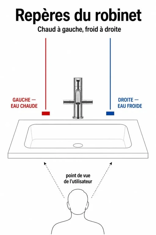 Schéma eau chaude gauche ou droite vu de face avec eau chaude à gauche et eau froide à droite