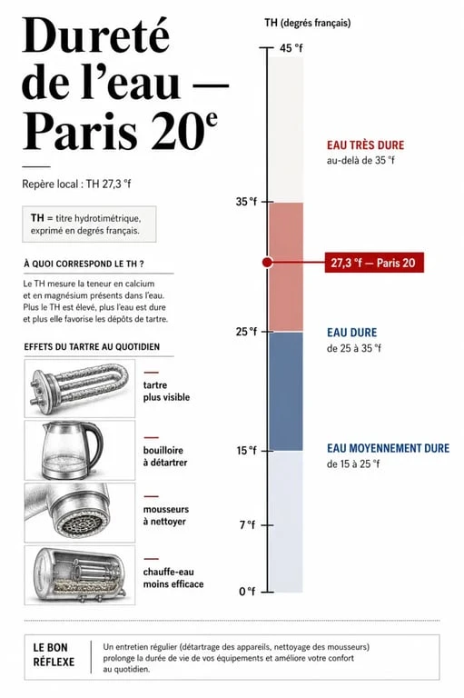 Dureté de l'eau Paris 20 : échelle visuelle du TH autour de 27,3°f et repères de tartre