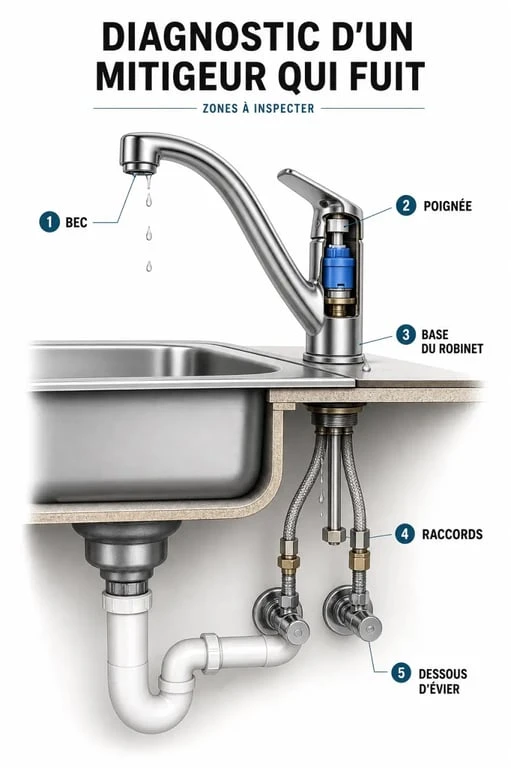 Mitigeur fuite : schéma de diagnostic des zones à vérifier sur un robinet qui goutte