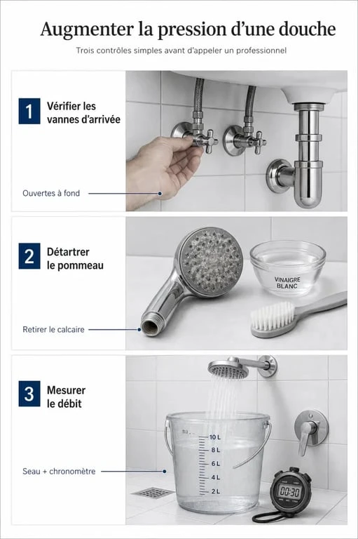 augmenter pression douche : illustration des étapes pour vérifier les vannes, détartrer le pommeau et mesurer le débit