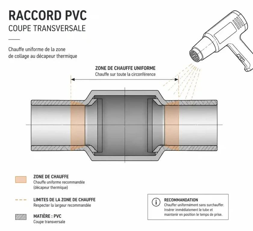 Schéma technique pour décoller un tuyau PVC avec un décapeur thermique