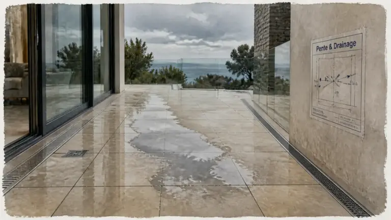 Caniveau pour évacuation eau de pluie terrasse après pluie, flaque résiduelle et grilles