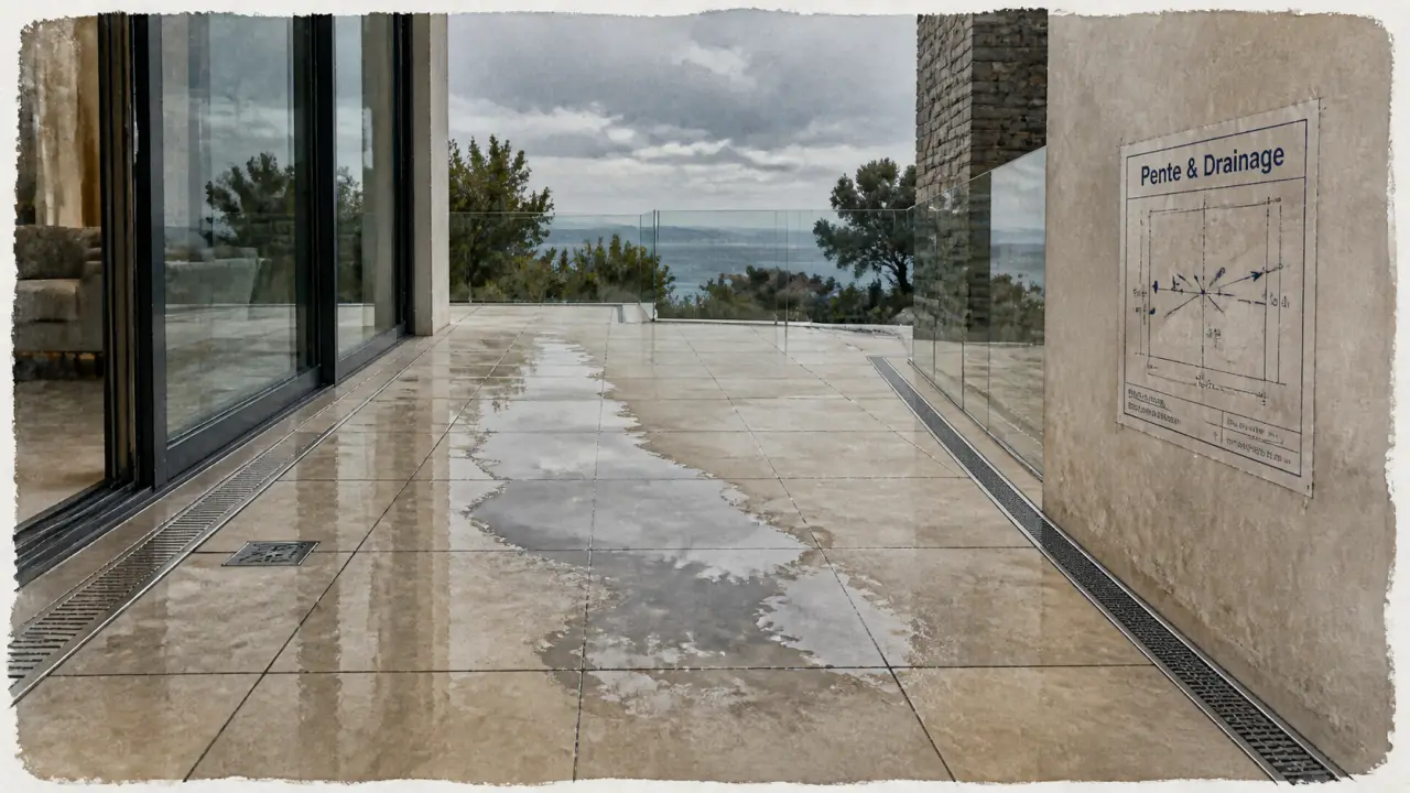 Caniveau pour évacuation eau de pluie terrasse après pluie, flaque résiduelle et grilles