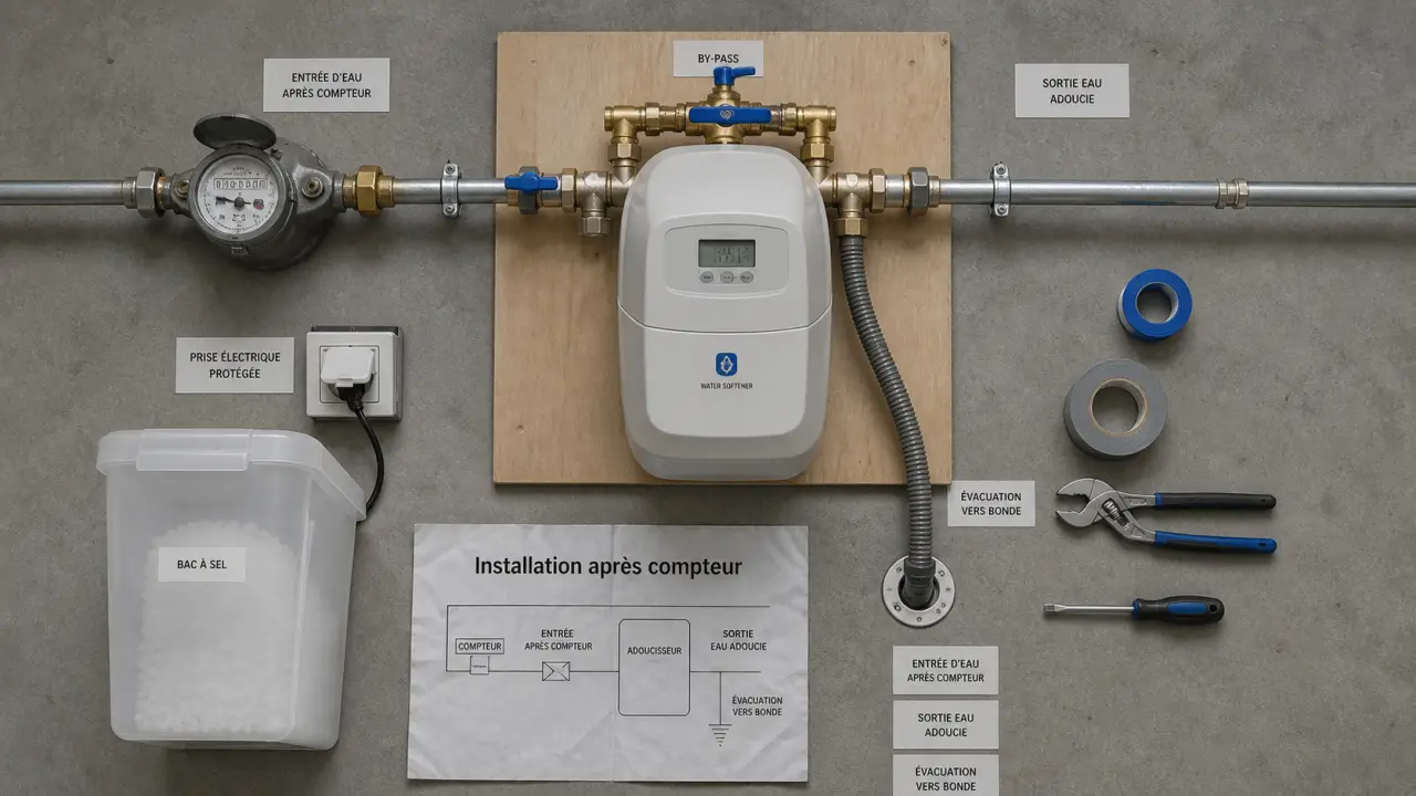 Installer adoucisseur d’eau après compteur : évacuation et by-pass