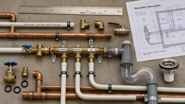 Plomberie pour salle de bain : pente 1–3% et raccords, tuyaux et collecteur