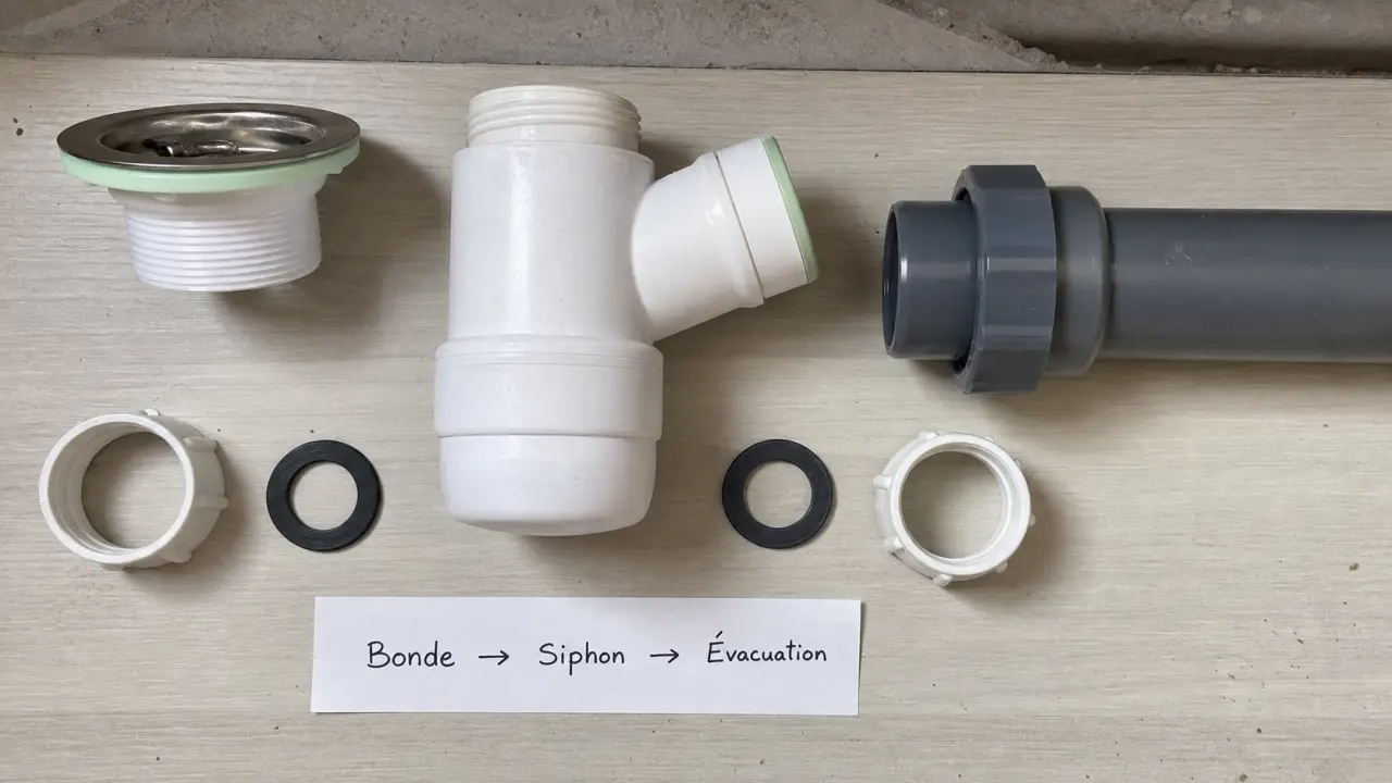 Schéma montage siphon lavabo : bonde, siphon, serrage pour éviter les fuites