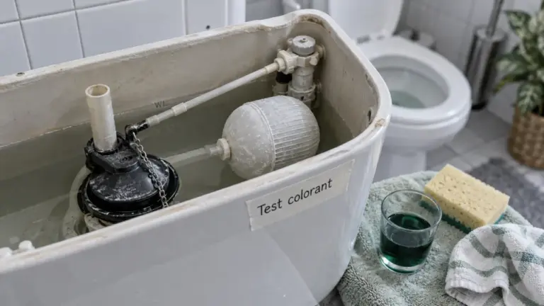 Chasse d eau qui coule : clapet et flotteur avec traces de calcaire