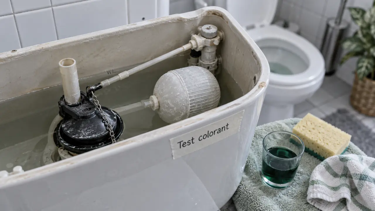 Chasse d eau qui coule : clapet et flotteur avec traces de calcaire
