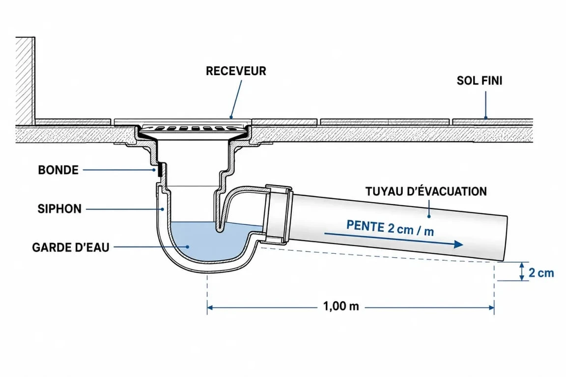 Schéma technique pour poser une douche avec une pente d'évacuation correcte