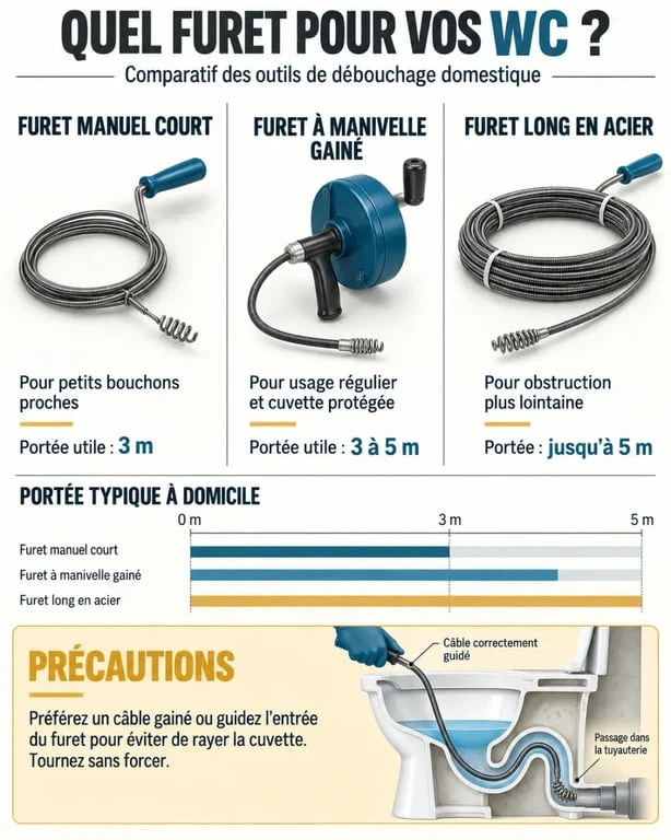 Infographie pour choisir un furet pour WC selon le type de modèle et la longueur