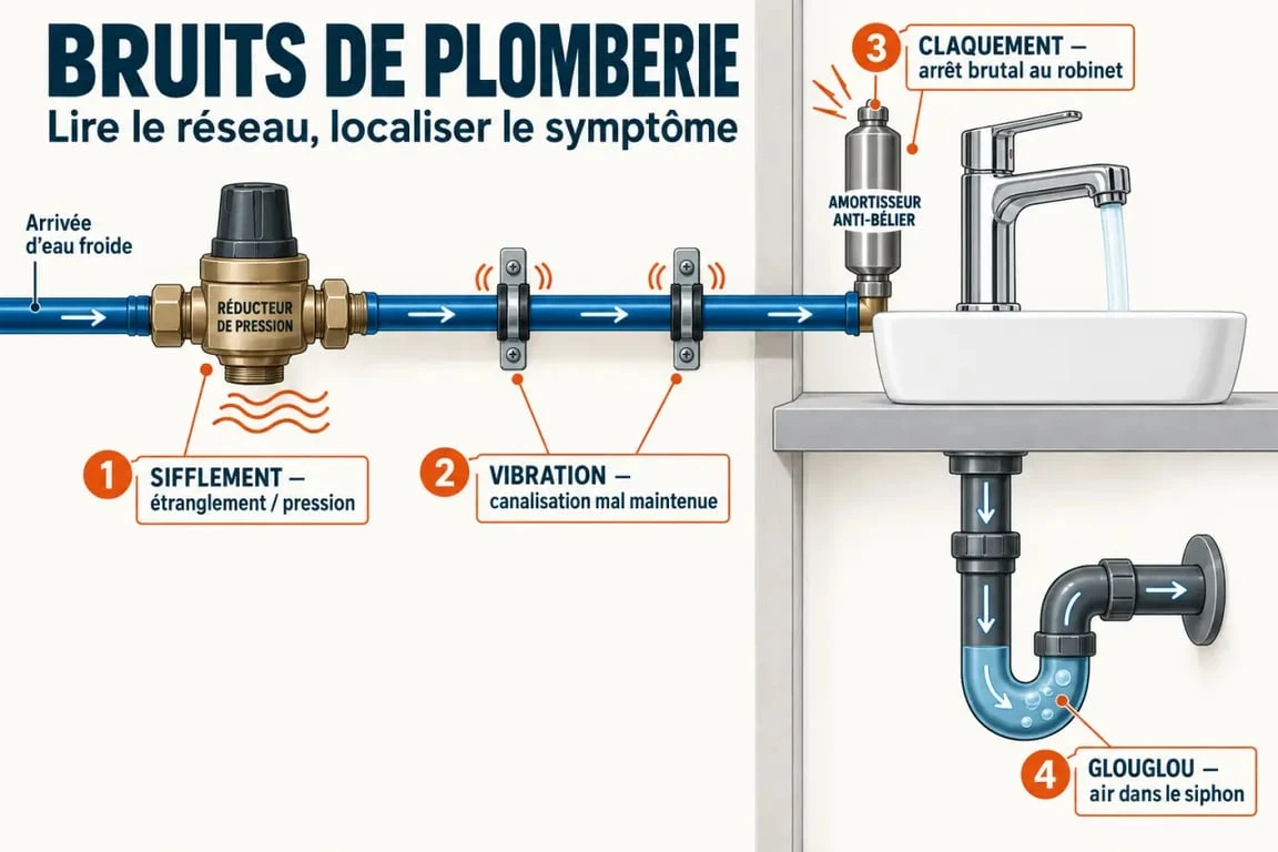 Schéma pour comprendre un bruit de tuyauterie quand j'ouvre un robinet