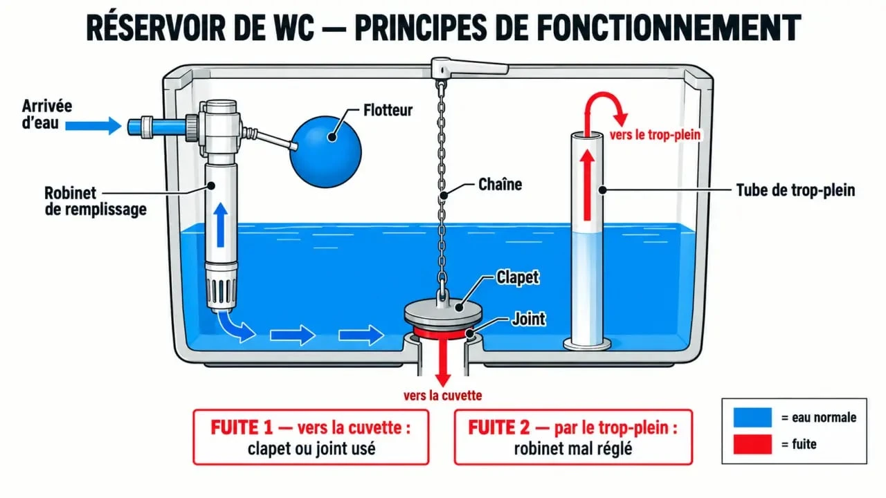 Schéma des pièces d’une chasse d’eau qui coule : flotteur, clapet, joint et trop-plein
