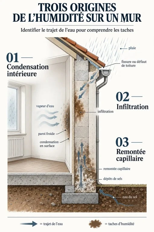 Schéma des causes d’une humidité sur un mur : condensation, infiltration et remontées capillaires