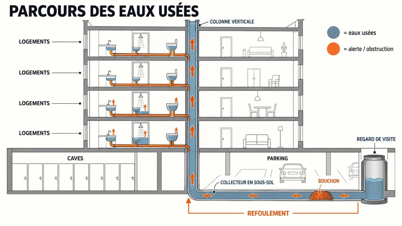 Schéma simplifié du débouchage de canalisations d’immeuble avec colonne et collecteur