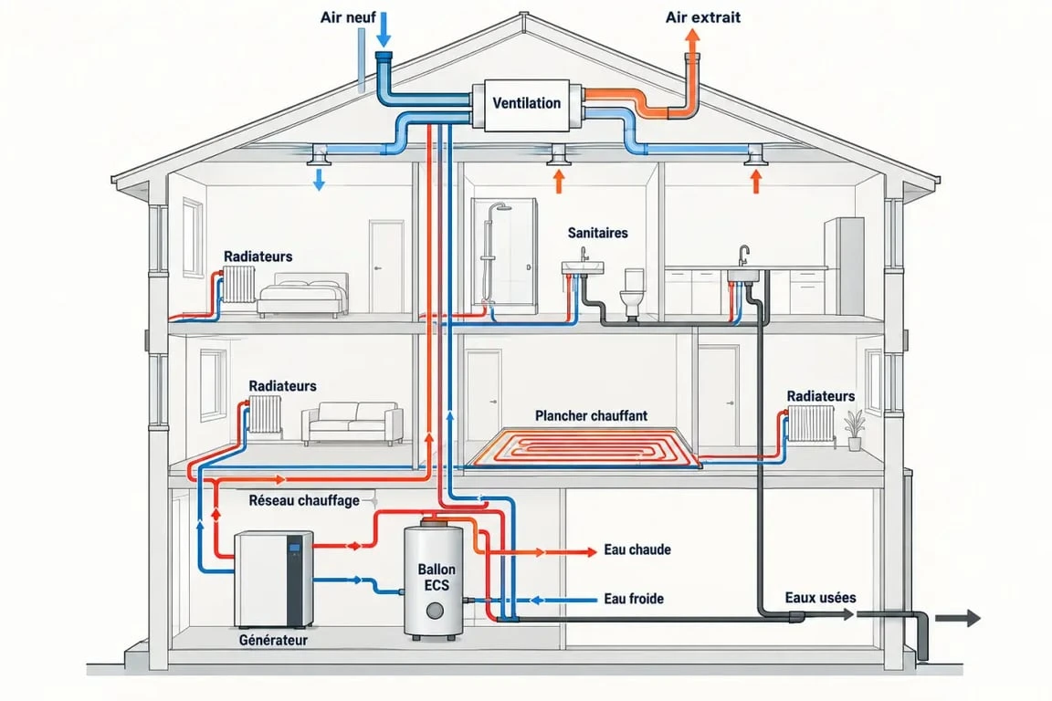 Schéma simplifié des installations sanitaires et thermiques d’un bâtiment
