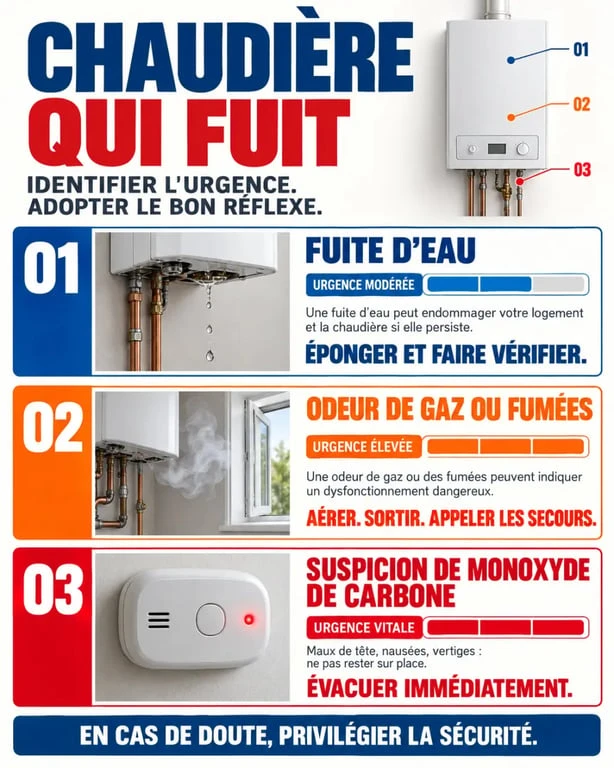 Chaudière qui fuit : infographie sur les risques liés à l’eau, au gaz et au monoxyde de carbone