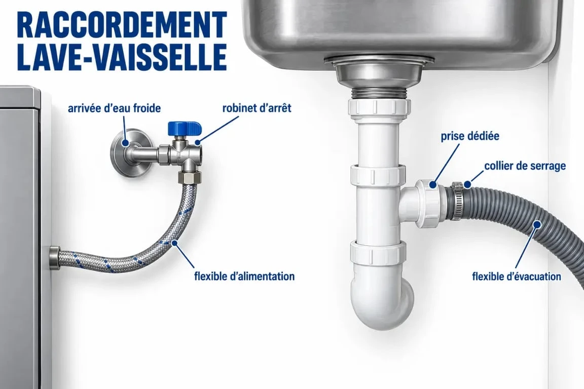 Raccordement lave-vaisselle sur arrivée d'eau évier avec alimentation et évacuation sous le meuble