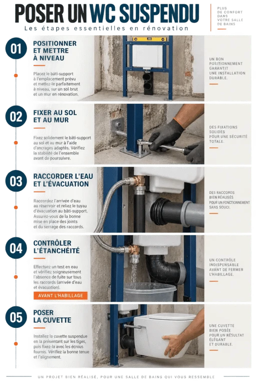 Illustration des étapes pour poser un toilette suspendu avec bâti-support, raccordements et contrôle d’étanchéité