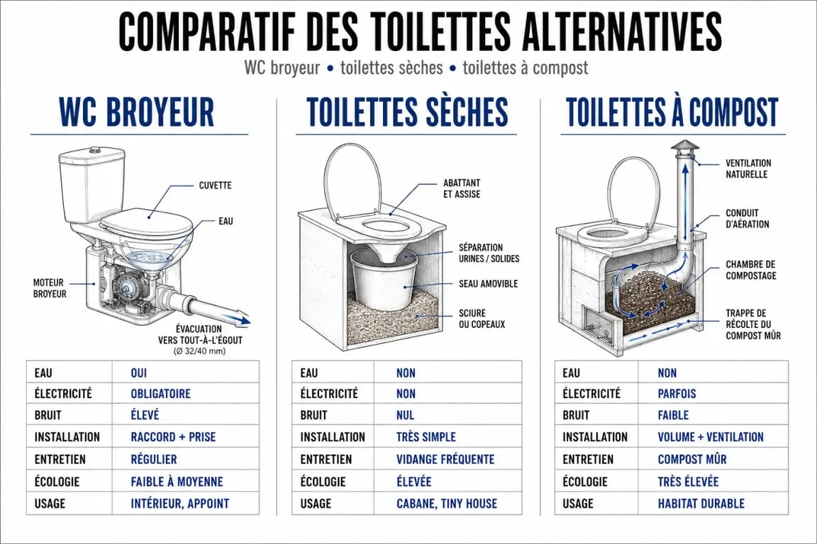 Toilette sans évacuation : comparaison entre WC broyeur, toilettes sèches et toilettes à compost