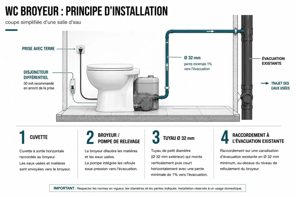 Toilette sans évacuation : schéma d’installation d’un WC broyeur et de son refoulement
