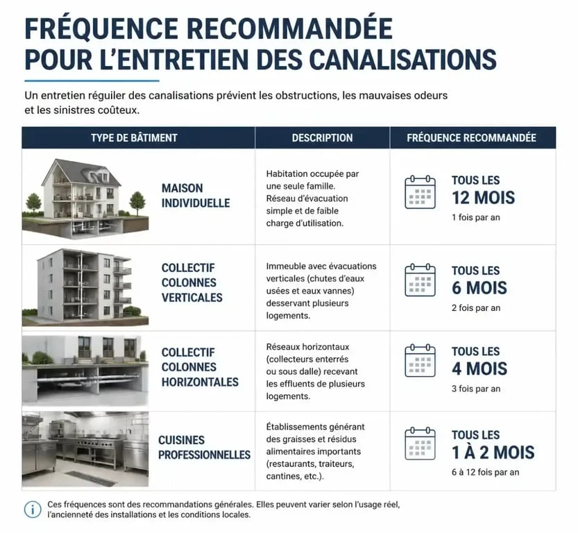 Infographie des fréquences recommandées pour le curage des canalisations