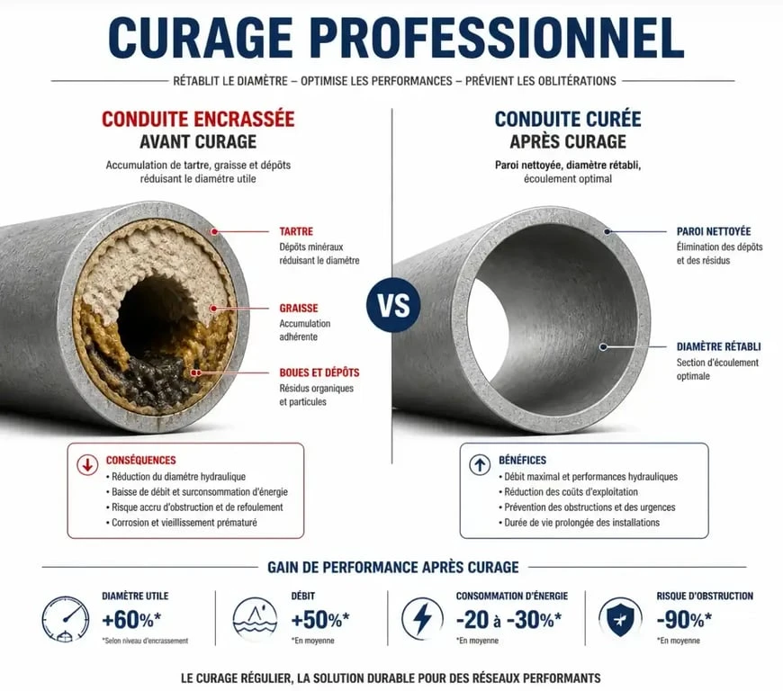 Schéma technique comparatif d'une canalisation avant et après curage des canalisations