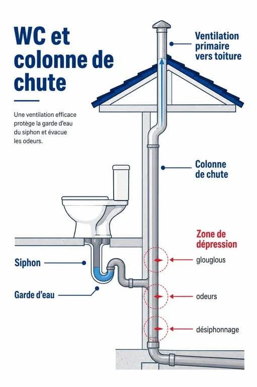 Event toilette : schéma simplifié de la colonne de chute, du siphon et de la ventilation primaire