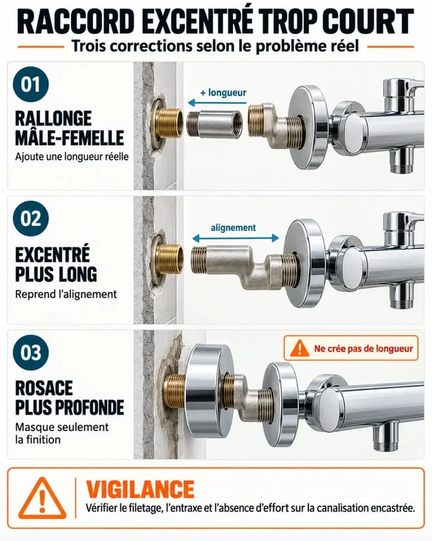 Infographie des solutions pour un raccord excentré trop court : rallonge, excentrique plus long ou rosace profonde