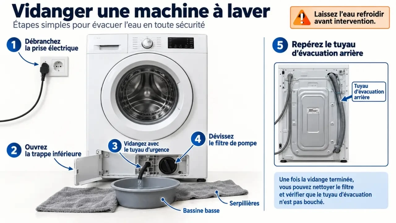 Vidange machine à laver : schéma des étapes et emplacement du filtre, de la pompe et du tuyau de vidange