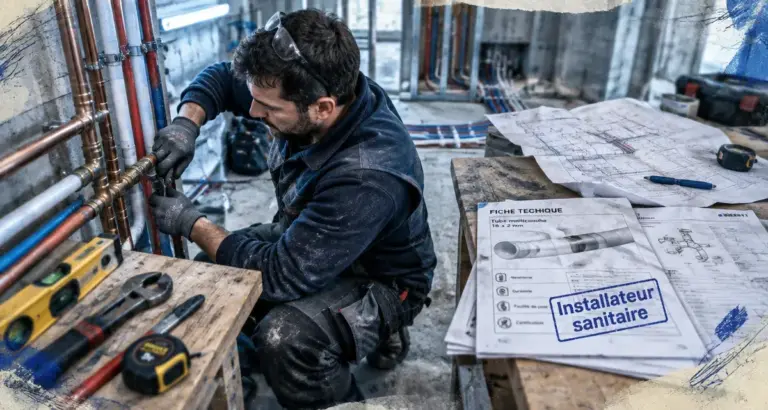 Installateur sanitaire raccorde des canalisations cuivre et multicouche sur un chantier.