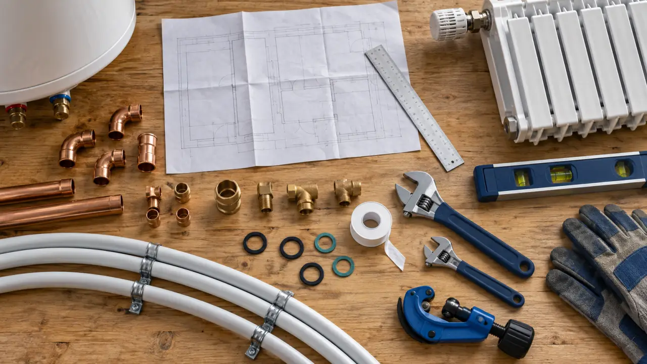 Installations sanitaires et thermiques : plan, raccords et outils sur établi