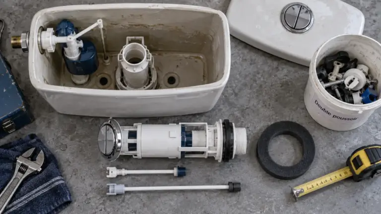 Mécanisme chasse d’eau double poussoir : soupape et tiges