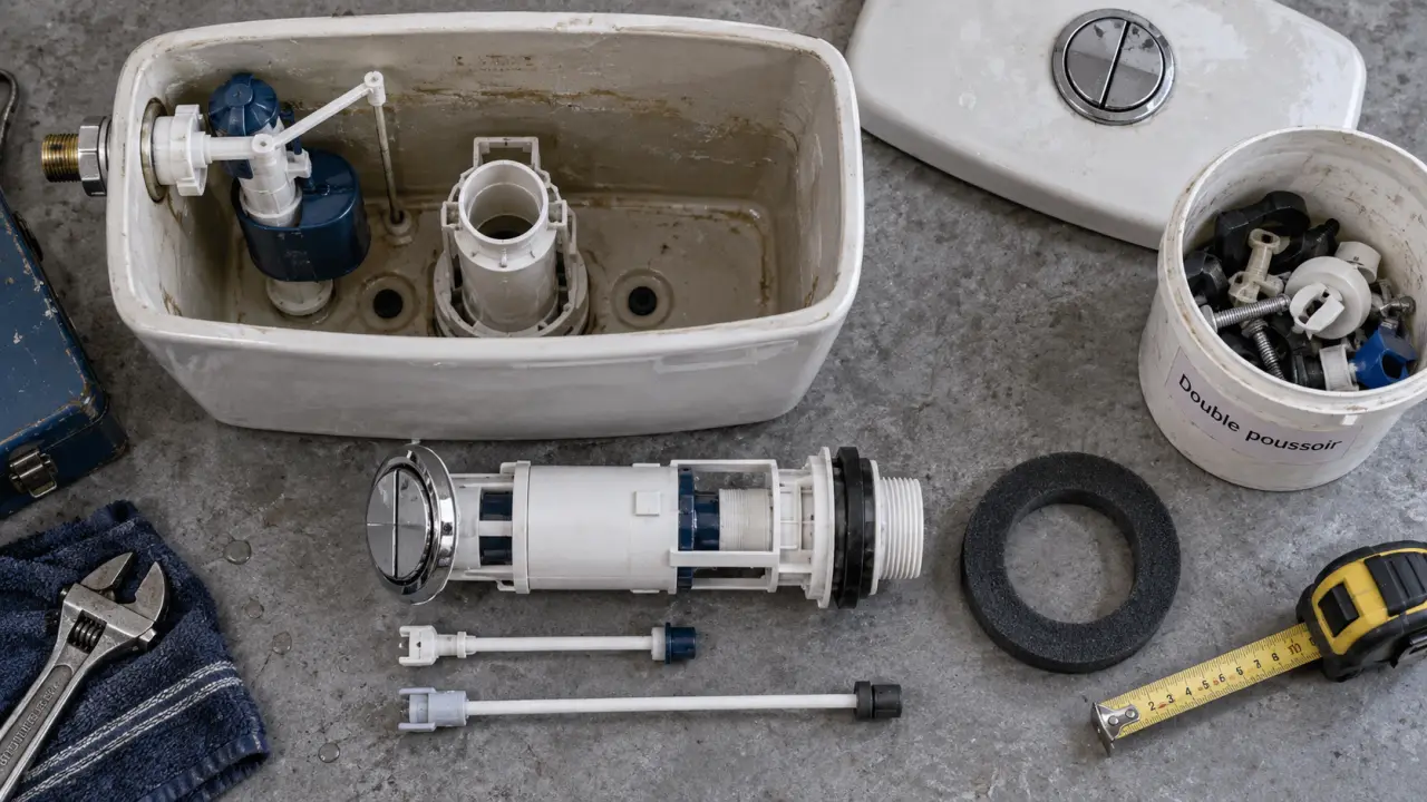 Mécanisme chasse d’eau double poussoir : soupape et tiges