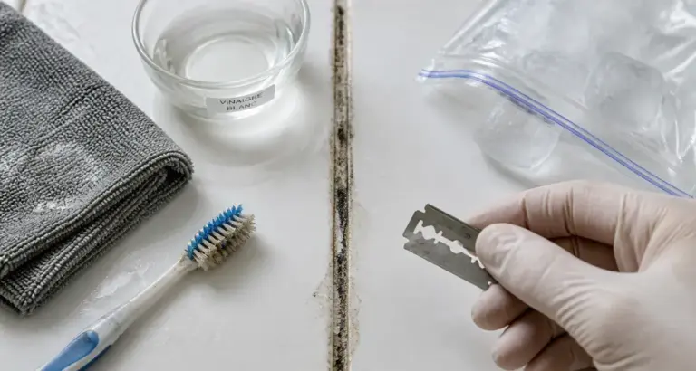Nettoyer silicone : joint de salle de bain taché avec moisissure, vinaigre et brosse