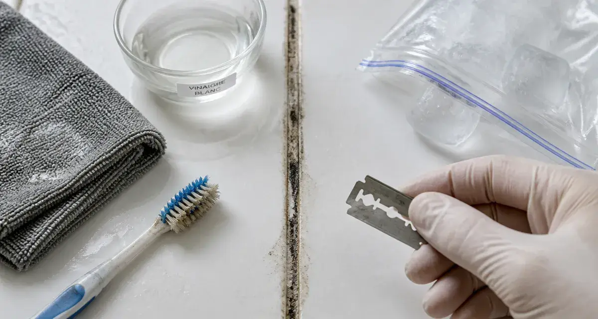 Nettoyer silicone : joint de salle de bain taché avec moisissure, vinaigre et brosse