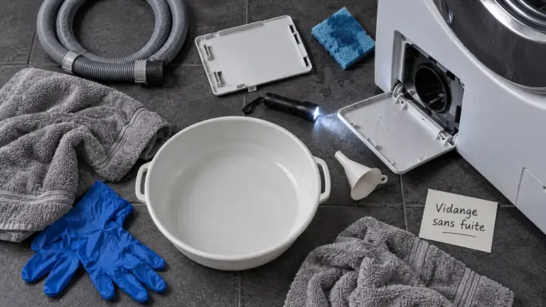 Vidange machine à laver sans fuite, filtre ouvert et eau évacuée
