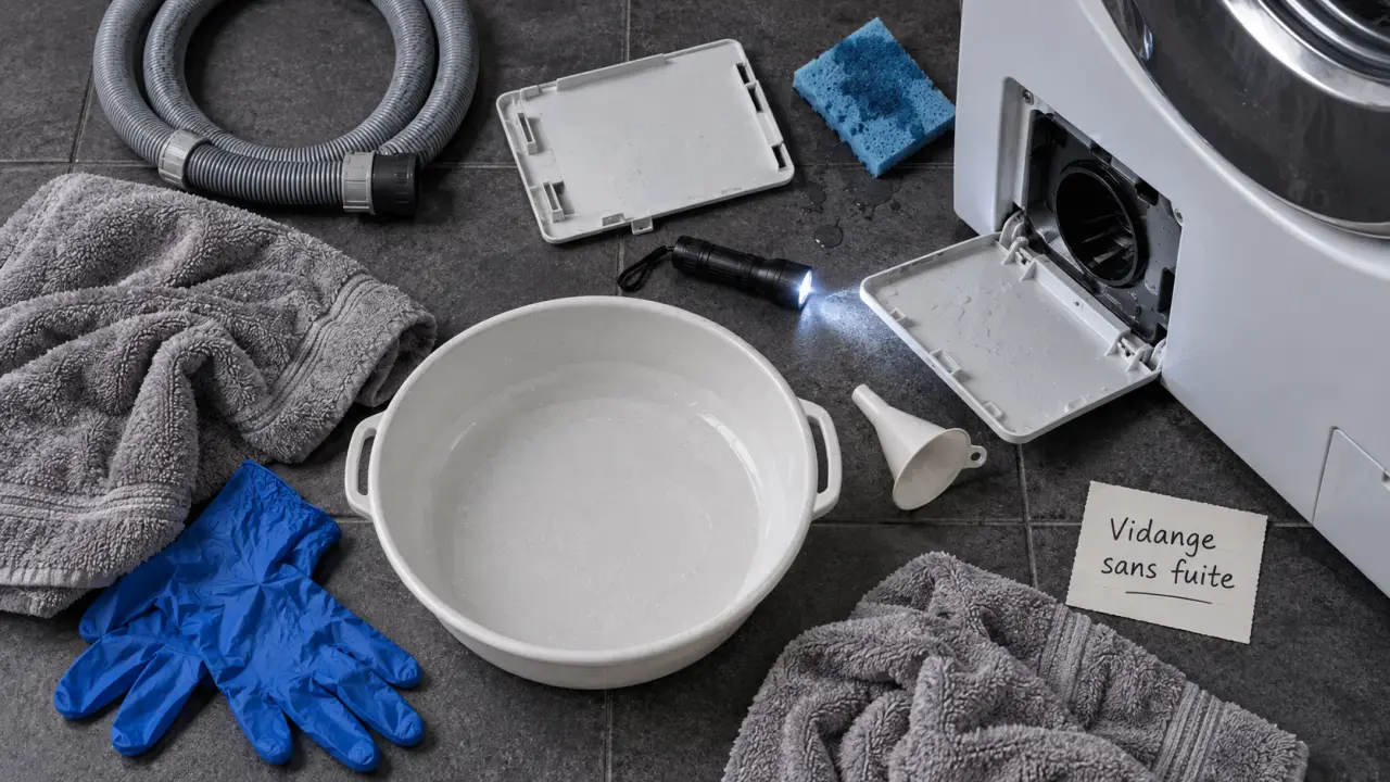 Vidange machine à laver sans fuite, filtre ouvert et eau évacuée
