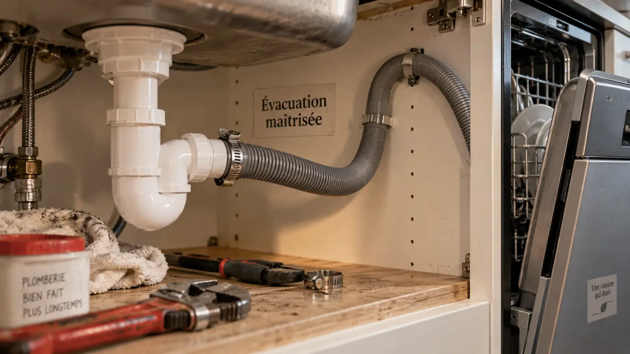 Évacuation lave vaiselle raccord siphon avec boucle haute et fixations sûres