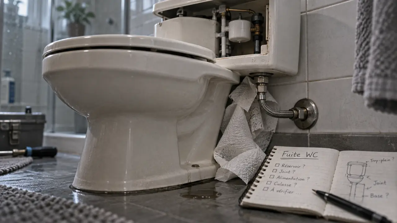 Fuite toilette sous le WC : trace au pied et au réservoir